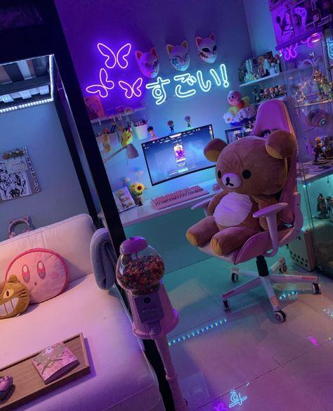 room goals Simple Small Room, Boys Gaming Bedroom Ideas, Kawaii Room Aesthetic, Gaming Bedroom Ideas, Anime Bedroom Ideas, 40 Gifts, Kawaii Room Ideas, Gaming Bedroom, Small Game Rooms