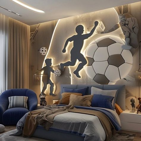 Football-themed boys' room with creative decor ideas. Features include football wall art, themed bedding, a goalpost headboard, a football rug and curtains, and football-themed storage solutions. Perfect for young sports enthusiasts! Sports Rooms, Soccer Bedroom, Sports Room Boys, Soccer Room, Football Rooms, Football Bedroom, Boys Bedroom Makeover, Dream Life House, Kids Room Furniture