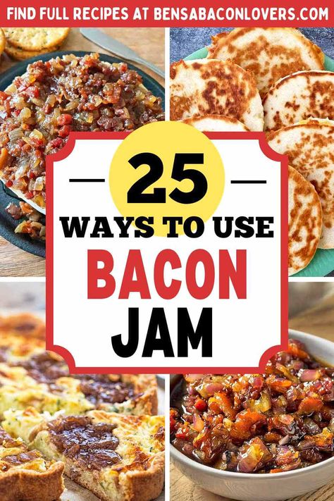 Bacon jam with cheese and crackers, in quesadillas, in quiche, and in a serving bowl. Bacon Jam Recipe Delish, Apple Maple Bacon Jam, Uses For Bacon Jam, What To Do With Bacon Jam, How To Use Bacon Jam, Hot Pepper Bacon Jam Uses, Appetizers With Bacon Jam, Bacon Jam Salmon, Bacon Jam Appetizer Snacks