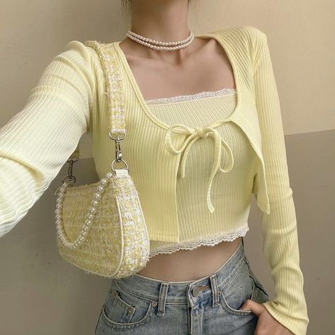 Outfit Croptop, Cutesy Aesthetic, Tie Up Crop Top, Crop Top For Women, Aesthetic Girly, Yellow Fits, Yellow Outfit, Top For Women, Kpop Outfits