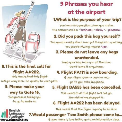 9 Phrases you hear at the airport # English# study# phrases# vocabulary# airport Airport Phrases, Travel Phrases, Travel English, Esl Vocabulary, Idioms And Phrases, Conversational English, Speaking Activities, English Vocab, English Language Teaching