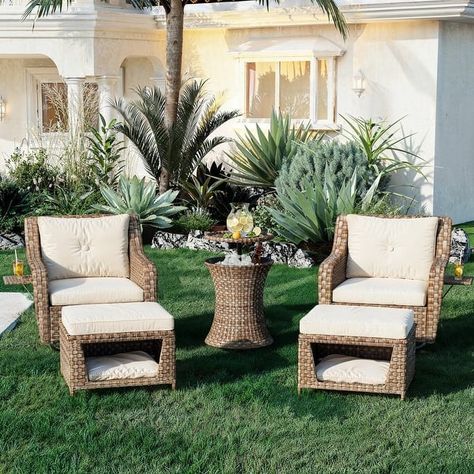 5 Pieces Outdoor Wicker Patio Swivel Rocking Chairs Set w/Ottomans, Table - Bed Bath & Beyond - 40438302 Outdoor Wicker Rocking Chairs, Swivel Rocking Chair, Wicker Patio Furniture Set, Rocking Chair Set, Patio Bar Table, Porch Furniture, Outdoor Patio Furniture Sets, Wicker Patio Furniture, Pet House