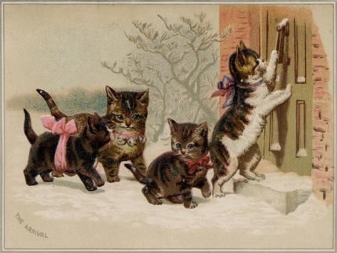 size: 12x9in Art Print: The Arrival Card with Four Kittens Approaching a Door, National Museum of American History : History Posters, Historical Painting, Cats Illustration, The Arrival, Ethereal Art, Art Themes, Cute Wallpaper Backgrounds, Vintage Cat, National Museum