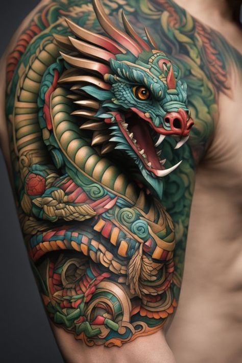 Aztec Dragon Tattoo, Elaborate Tattoos, Dragon Tattoo Chest, Quetzalcoatl Tattoo, Dragon Tattoo Arm, Dragon Tattoo Art, Mexican Art Tattoos, Aztec Tattoo Designs, Maori Tattoo Designs