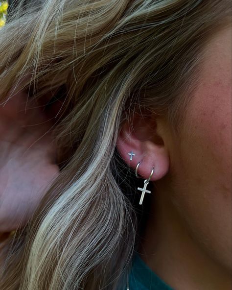 🩶CROSS EARRING SET🩶 This Cross Earring Set is made with gold fill or sterling silver and includes 3 earring pairs. Pair 1 is endless hoops with a cross pendant, pair 2 is endless hoops, and pair 3 is cross studs. The cross studs include both a metal and rubber backing. Why did tayo designs design this earring set? Do you ever love a piece of jewelry, but wish it had more meaning behind it? We designed this earring set because we wanted to wear something trendy but still be able to ex... Cross Earrings Aesthetic, Cross Earring, Earrings Aesthetic, Cross Earrings, Cross Jewelry, A Cross, Girly Jewelry, Christmas Wishlist, The Cross