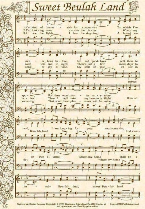 Sweet Beulah Land Sheet Music, Old Hymns, Beulah Land, Gospel Song Lyrics, Hymns Of Praise, Hymn Sheet Music, Hymn Music, Christian Poems, Church Songs