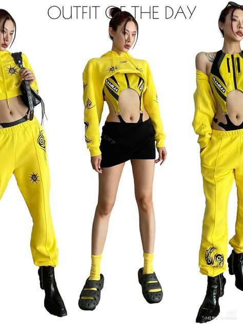 Urban Goth Fashion, Future Outfit Design, Cyberpunk Cute Outfit, Yellow Cyberpunk Outfit, 80s Fashion Runway, Cyberpunk Women Outfits, Neo Futurism Fashion, Cyberwear Fashion, Cyberpunk Fashion Aesthetic