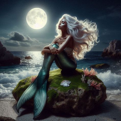 Mermaid with white hair sitting on a rock on the shore under the moonlight Sitting Mermaid, Sea Mermaid, Beautiful Mermaid Art, Black Mermaid Art, Mermaid Stories, Sea Siren, Mermaid Quotes, Mermaid Photography, Beautiful Tattoos For Women