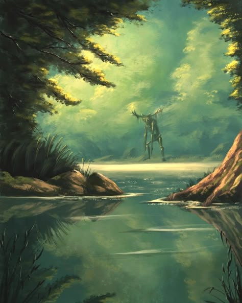 Forest ent water lake green fantasy art drawing painting illustration sketch design Green Forest Fantasy Art, Lake Scene Drawing, Forest With Lake Drawing, Fantasy Nature Drawing, How To Draw Lake Water, Fantasy Illustration Art Scenery, Cute Forest Painting, Lake Illustration Water, Lake Drawings Sketches