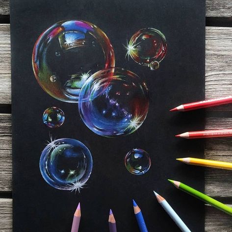 Color Markers Art, Bubble Tattoo, Bubbles Art, Colored Pencil Art Projects, Bubble Drawing, Pencil Inspiration, Prismacolor Art, Bubble Painting, Black Paper Drawing