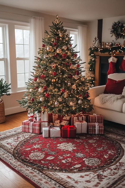 Pink Red Christmas Tree, White And Red Christmas Tree, Red White Christmas Tree, Red And White Christmas Decor, White Christmas Decor Ideas, White Tree Skirt, Dnevni Boravak, Red And White Christmas Tree, Plaid Christmas Tree Skirt