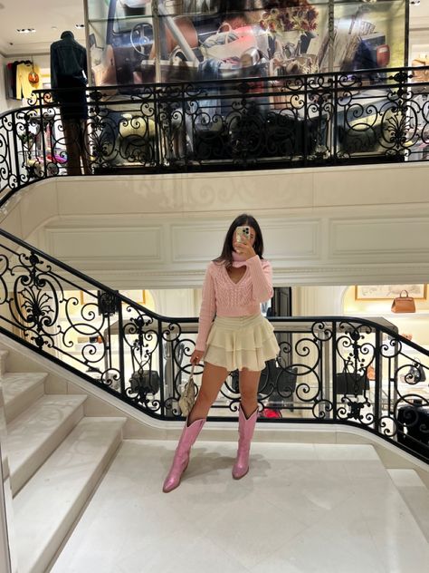 Pink outfit, sweater outfit, sweater and skirt outfit, cowgirl boots, pink boots Pink Cowgirl Boots Outfit, Pink Cowboy Boots Outfit, Glitter Boots Outfit, Gogo Boots Outfit, Pink Boots Outfit, Cowgirl Boots Pink, Sweater And Skirt Outfit, Pink Heart Sweater, Outfit Cowgirl