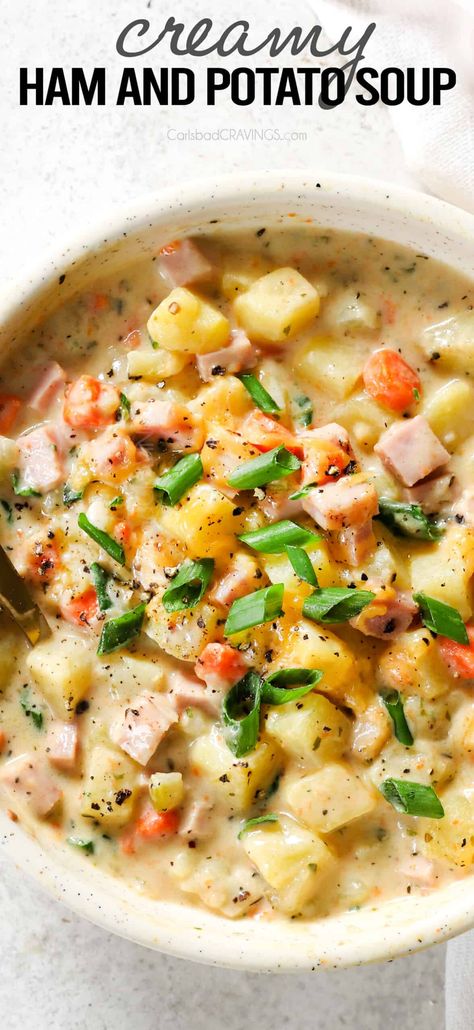 This Ham and Potato Soup recipe is loaded with buttery potatoes, savory ham and cheese for a creamy, hearty, satisfying dinner the whole family will love! #soup #souprecipes #souprecipeseasy #dinner #dinnerrecipes #dinnerideas #dinnerideas #recipe #recipeoftheday #recipeideas #recipesfordinner #onepot #onepotwonder #creamysoup #leftoverham #hamsoup #potatosoup #hampotatosoup #easyrecipe #easydinner #comfortfood Ham And Potato Cheddar Soup, Best Ham And Potato Soup, Ham Bean And Potato Soup Recipes, Ham And Potato Soup With Ham Bone, Ham Bone And Potato Soup, Scalloped Potato Soup, Ham Based Soup Recipes, Ham Based Soups, Ham Bacon Potato Soup