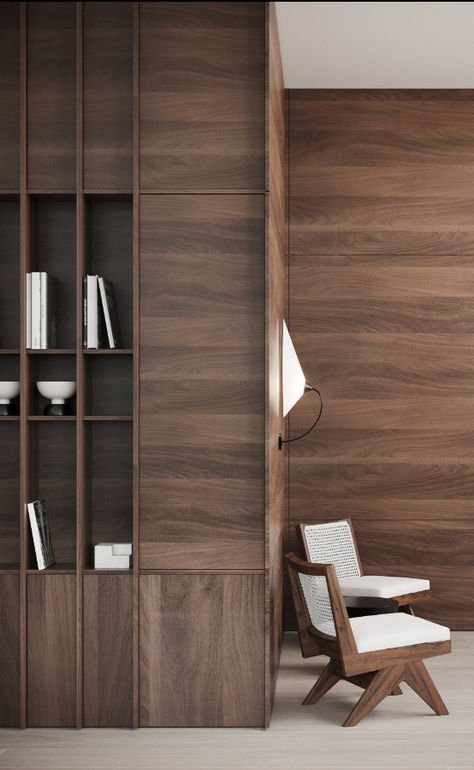 Walnut Office Cabinets, Wooden Library, Scandinavian Modern Furniture, Bibliotheque Design, Shelving Design, Bookshelf Design, Furniture Details, Shelf Design, Minimalist Interior