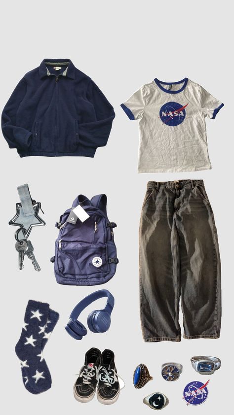 #blue #blueaesthetic #astronomy #outfit #flatlay Navy Concert Outfit, Outer Space Aesthetic Outfit, Neptune Aesthetic Outfit, Mooncore Clothes, Physics Student Outfit, Charlie Spring Aesthetic Clothes, Science Outfit Aesthetic, Astrology Aesthetic Outfit, Nerdcore Outfit