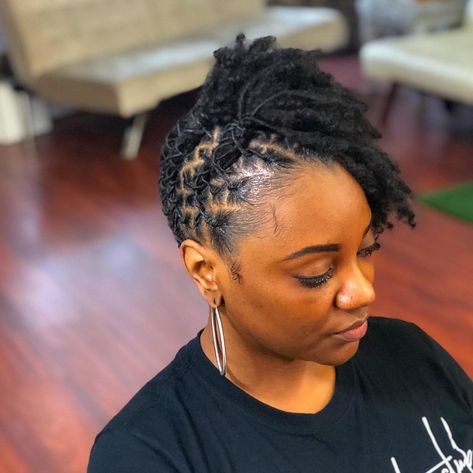 757Locs DMV Locs on Instagram: “🖤✨ The link to book is in my BIO ______________________________________________________________________ #dreads #locstylesforwomen…” Pin Up Loc Styles For Women, Loc Mohawk Styles, Locs Styles For Black Women, Braided Loc Updo, Unique Loc Styles Short, Dread Journey, Cornrow Updo, Short Dreadlocks Styles, Dreads Styles For Women