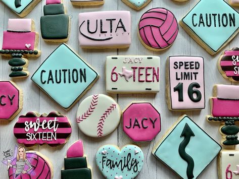 16th Birthday Cookies Girl, Sweet Sixteen Cookies Decorated, Sweet 16 Cookie Ideas, Sweet 16 Cookies Decorated, Sweet 16 Birthday Cookies, 16 Birthday Cookies, Sweet 16 Sugar Cookies, 16th Birthday Cookies, Sweet Sixteen Cookies