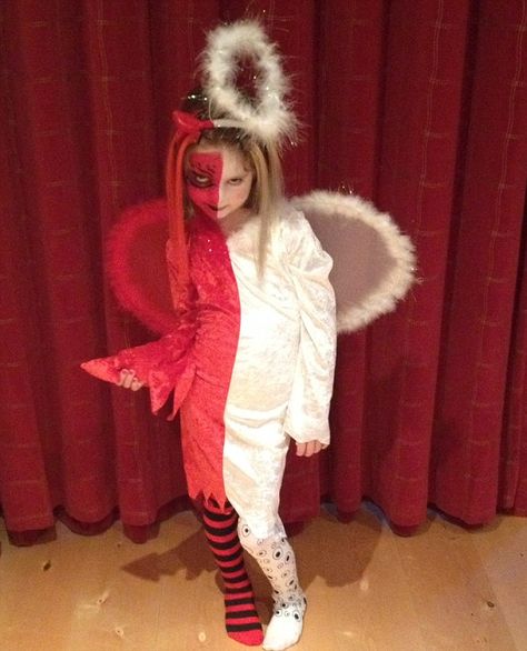 Is Lexie naughty or nice in this clever half devil half angel costume? Half Devil Half Angel Makeup, Half Angel Half Devil Costume Diy, Half Angel Half Devil Makeup, Half Angel Half Demon Costume, Half Devil Half Angel Costume, Evil Cupid Costume, Devil Angel Costume, Angel Devil Costume, Devil Fancy Dress