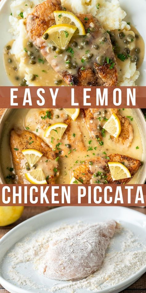 This quick and easy Chicken Piccata Recipe is made with juicy chicken breasts in a buttery and creamy lemon sauce with tangy capers and fresh parsley. Easy Lemon Chicken Piccata, Chicken Piccata No Wine, Easy One Pot Chicken Dinner, Lemon Main Dish Recipes, Meals With Capers, Chicken Piccata Sauce, Chicken Breast With Sauce Recipes, Recipes Using Capers, Chicken Capers Lemon Piccata