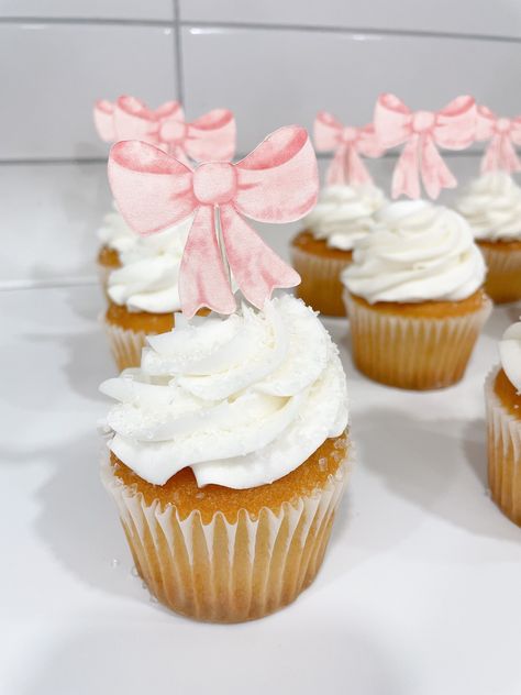 Bow Theme Cupcake Topper - Etsy Pink Themed Toddler Birthday Party, Light Pink And White Cupcakes, Bow Tie Party Decorations, Pink Bow Cupcakes, Pink Bow Baby Shower Cake, Sweet 16 Bow Theme, Bow Theme Baby Shower Ideas, Pink Bow Birthday Theme, Bow Baby Shower Cake