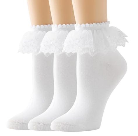 AMHRLINGTO Lace Ruffle Frilly Ankle Socks for Women - Cotton Socks Double Layer Lace Socks Lace Ankle Socks, Best Socks, Frilly Socks, Ruffled Socks, Lace Cuffs, Lace Socks, Pearl And Lace, White Socks, Socks For Women