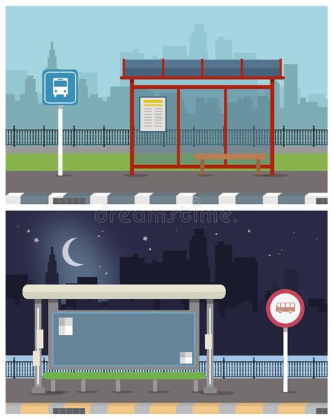 Photo about Vector Illustration of Bus Stop with City Skyline and River with Boat in Background. Flat Design Style. Illustration of bench, flat, symbol - 75225837 Bus Stop Illustration, River With Boat, Easy Drawing Ideas For Beginners, Terminal Bus, Animal Illustration Kids, Meme Background, Apartments Exterior, Flat Background, Vintage Illustration Art