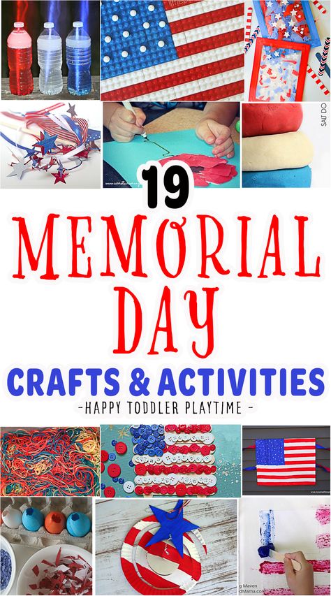 19 Memorial Day Crafts & Activities For Kids - HAPPY TODDLER PLAYTIME Fun Memorial Day Activities For Kids, Memorial Day Projects For Preschoolers, Memorial Day Kindergarten Crafts, Memorial Day Prek Crafts, Memorial Day Fun For Kids, Fun Memorial Day Activities, Memorial Day Stem Activities, Quick And Easy Preschool Crafts, Toddler Memorial Day Activities