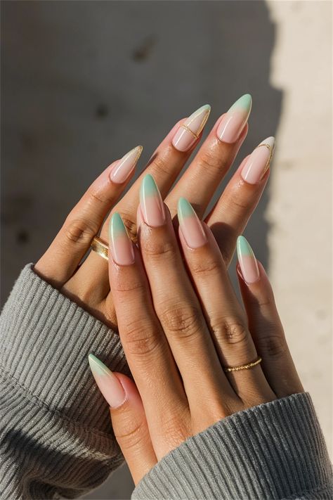 Embrace the season with these stunning simple nail ideas featuring an almond shape summer twist. The soft, tapered edges of almond-shaped nails create an effortlessly elegant look that's perfect for sunny days. Whether you opt for pastel hues or vibrant tones, these nails are sure to capture attention and compliment any outfit. Say goodbye to complicated designs and hello to chic simplicity! Baby Green Nails, French Tip Nails Stiletto, Sage Green French Tip Nails, Gel Nails Green, Green French Tip Nails, Simple Nail Ideas, Shaped Nails, Almond Nails Designs, Almond Shape