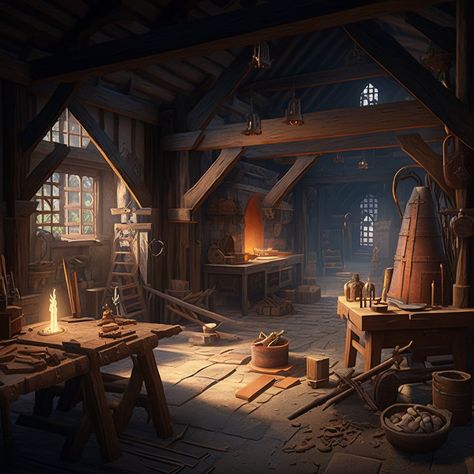 Blacksmith Workshop Concept, Medieval Forge Concept Art, Medieval Interior Concept Art, Fantasy Tinkerer Workshop, Fantasy Forge Art, Blacksmith Workshop Concept Art, Blacksmith Forge Fantasy Art, Fantasy Workshop Concept Art, Fantasy Carpenter