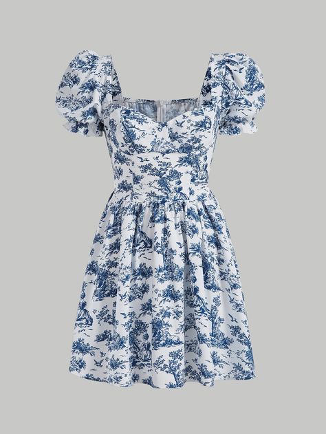 Blue and White Boho Collar Short Sleeve Polyester Figure,Plants A Line Embellished Non-Stretch  Women Dresses Cute Blue Dresses Casual, White Dress Blue Embroidery, Blue Flower Dress Short, Blue And White Print Dress, Blue Flower Outfit, Blue And White Floral Dress Short, Blue And White Flower Dress, Blue And White Sundress, Blue And White Outfits For Women