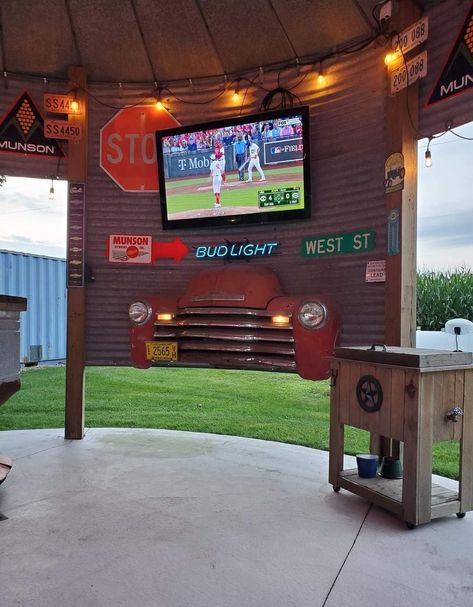 Under Deck Hangout, Backyard Hangout Ideas Diy, Carport Hangout Ideas, Backyard Hangout Area, Western Backyard Ideas, Silo Hangout, Yard Bar Ideas, Barn Hangout Ideas, Silo Bar Ideas