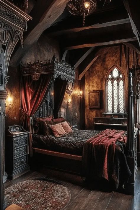 Luxurious gothic-style bedroom with rich wood paneling and red accents. Gothic Digital Art, Neo Gothic, Woodland House, Storybook Homes, Steampunk House, Common Room, Fantasy Homes, Vintage Bedroom, Fantasy House