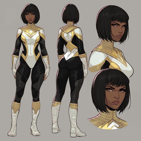 Gold Hero Costume Design, Witch Superhero Design, Superhero Body Reference, Gold Superhero Suit, Black Superhero Suit Female, Super Hero Reference, Superhero Oc Female Outfit, Supersuit Design Female, Superhero Art Oc