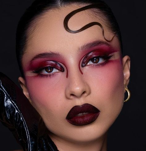 Red Eye Makeup Editorial, Dramatic Red Eye Makeup, Drag Inspired Makeup, Red Editorial Makeup, Red Goth Makeup, Deadpool Makeup, Red Makeup Looks, Drag Make-up, High Fashion Makeup