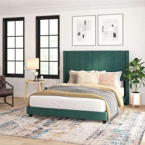 Upholstered Platform Bed with Wingback Headboard - On Sale - Bed Bath & Beyond - 37248671 Small Bedroom Decor Ideas For Women, Green Headboard, Small Bedroom Decor Ideas, Black Bedroom Decor, Luxury Bedroom Furniture, Gold Bed, Wingback Headboard, Bedroom Headboard, Platform Bed Frame