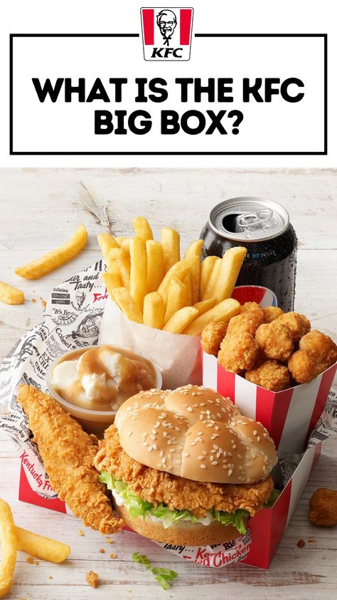 What is the KFC Big Box? At Home Kfc Bowls, Kfc Box, Kfc Extra Crispy Fried Chicken Recipe, Kfc Potato Wedges, Famous Kfc Bowl, Kfc Delivery, Chicken Boxes, Seasoned Fries, Kentucky Fried