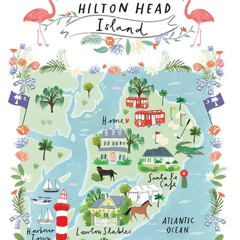 September 2015 Blog Post. A map of Hilton Head Island. Wedding stationery illustrated by Clair Rossiter for Jolly Edition. Jolly Edition, Hilton Head South Carolina, Hilton Head Island South Carolina, Photography Genres, Map Vintage, Photography Kit, Close Up Portraits, Travel Illustration, Hilton Head Island