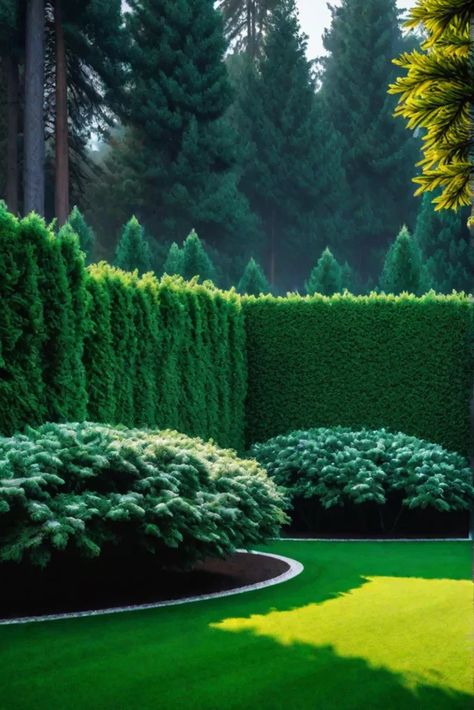 Lush backyard with trees for privacy Creating Privacy In Backyard, Mixed Privacy Hedge, Backyard With Trees, Arborvitae Hedge, Landscaping For Privacy, Private Backyard Oasis, Fast Growing Privacy Shrubs, Trees For Privacy, Lush Backyard