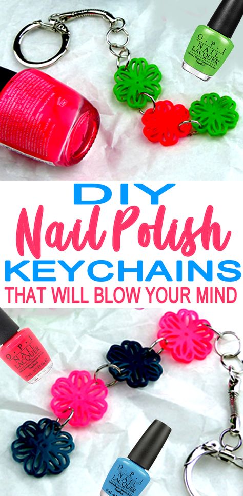 Make a fun and easy DIY keychain! Learn how to create a keychain that you can use to decorate you backpack, purse or hang off your keys! This is a fun and easy DIY kids & teen craft idea.Nail polish craft idea and shrinky dink keychains Rexlace Keychain Diy, Diy Keychain Ideas Easy, How To Make Keychains, Teen Projects, Hot Glue Art, Nail Polish Crafts, Glue Art, Diy Nail Polish, Activities For Teens