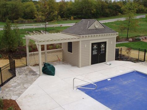 Pool house Pool Pergolas, Backyard Oasis Pool, Pool Shed Ideas, Pool Sheds, Shed Pool House, Pool House Shed, Pool Gazebo, Veranda Design, Pool Pergola