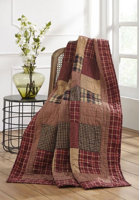 Chilly nights are perfect for snuggling under a quilted throw available at the Quilt Shop. Find the perfect accent to your decor in our complete collection. Primitive Quilt Patterns, Primitive Decorating Ideas, Plaid Quilts, Blanket Patchwork, Plaid Comforter, Country Quilt, Rustic Quilts, Farmhouse Quilts, Primitive Quilts