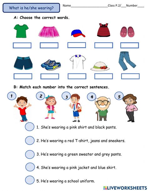 Clothes We Wear Worksheet, Esl Clothes, Clothes Practice, Clothes Worksheet, English Primary School, Phonics Reading Passages, English Grammar For Kids, English Worksheets For Kindergarten, School Preparation