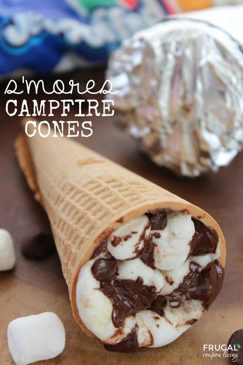 S'mores Campfire Cones - Smores recipe outside the graham cracker box on Frugal Coupon Living. #frugalcouponliving #smores #campfire #camping #campingfood #smoresrecipes #recipes #smorescampfirecones #icecreamcones #smoresideas #campingrecipes #campingtips #campinghacks Campfire Cones, Smores Dessert, Smore Recipes, Biscuits Graham, Foil Packet Meals, Campfire Food, Campfire Cooking, Summer Snacks, S'mores