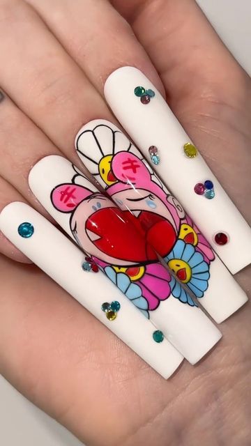 Tori | Nail Artist on Instagram: "The Takashi Murakami nails you never knew you needed ✨ I had the pleasure of seeing this piece in person at the Murakami Exhibit in LA and knew I’d create a set inspired by it someday , so here it is !🎉 Created using @nailzbydevshop products Discount code “BabeNailz” to save 💕 -Spice girl -level up white and baddest black gel liners -Be my lover -Bluedabadee -All that -White out -Hella cute liner brush -Hello Sidney Skinny dip #takashimurakami #art #na Takashi Murakami Flower Nails, Murakami Flower Nails, Takashi Murakami Nails, Murakami Nails, Murakami Flower, Liner Brush, My Lover, Painted Nail Art, Nail Beauty