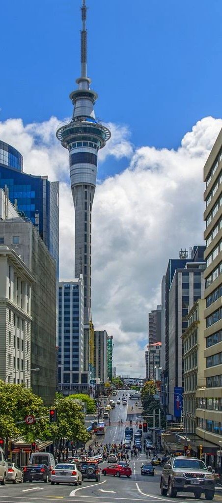 Auckland, New Zealand - Victoria Street with Sky Tower from Kitchener Street New Zealand City, Auckland Travel, Auckland Newzealand, Sky Tower, New Zealand Houses, New Zealand North, Auckland Nz, Rotorua, Auckland New Zealand