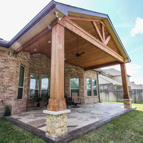 Patio Cover: Katy, TX - Traditional - Patio - Houston - by Tradition Outdoor Living | Houzz Gable Patio, Traditional Patio, Tongue And Groove Ceiling, Patio Cover, Texas Style, Katy Tx, Tongue And Groove, Backyard Ideas, Covered Patio