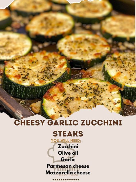 🧀🥒 Enjoy our Cheesy Garlic Zucchini Steaks, a savory and healthy delight! 🌟 #ZucchiniSteaks #HealthyEats Cheesy Garlic Zucchini Steaks Ingredients: Zucchini (2 large, sliced lengthwise) Olive oil (2 tbsp) Garlic (3 cloves, minced) Parmesan cheese (0.5 cup, grated) Mozzarella cheese (1 cup, shredded) Italian seasoning (1 tsp) Salt and pepper (to taste) Instructions: Preheat oven to 400°F (200°C). Brush zucchini slices with olive oil and place on a baking sheet. Mix minced garlic, Parmesan,... Cheesy Garlic Zucchini Steaks, Zucchini Steaks, Garlic Zucchini, Bake Zucchini, Zucchini Slice, 4 Ingredient, Garlic Parmesan, Veggie Dishes, Parmesan Cheese