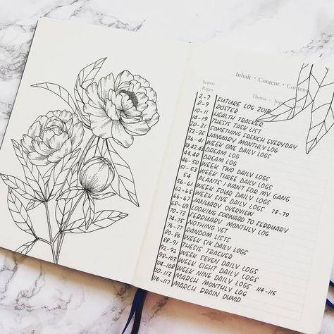 Bullet journal index, bullet journal table of contents, flower drawing, peonies drawing. | @bullet_bec Bujo Table Of Contents, Bullet Journal Table Of Contents, Journal Table Of Contents, Index Bullet Journal, Drawing Peonies, Peonies Drawing, Drawing Peony, Bullet Journal Index, Peony Drawing