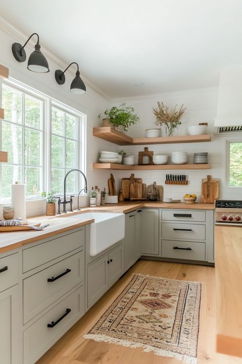 If you want a stylish gray kitchen then you need to see these examples for quick inspo! Cabinetless Kitchen Ideas, Cozy Kitchen Modern, Natural Looking Kitchen, Clean Kitchen Inspiration, Grey Kitchen Cabinets Butcher Block, No Uppers In Kitchen, Cape Cod Interior Design Small Kitchen, Kitchen Inspo Farmhouse, Kitchen Remodel 2025 Trends