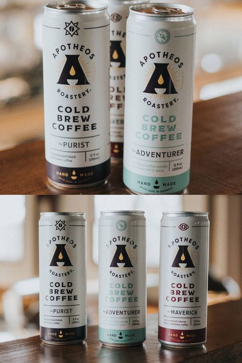 Branding and packaging design by Vigor, three cold coffee brews roasted and canned in Kennesaw, GA by Apotheos Roastery. 
#coffeecandesign #branding #packaging #coffeepackaging #brandingagency  #beveragebranding #vigorbranding #packagingdesign Rtd Packaging Design, Coffee Can Design, Iced Coffee Packaging, Coffee Drink Packaging, Coffee Bottle Packaging, Coffee Can Packaging, Canned Coffee, Coffee Beer Can Design, Coffee Drink Packaging Design